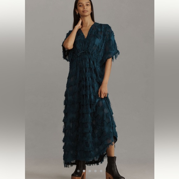 Anthropologie Dresses & Skirts - By Anthropologie Teal Fringe Tiered V-Neck Maxi Dress One Size S M L